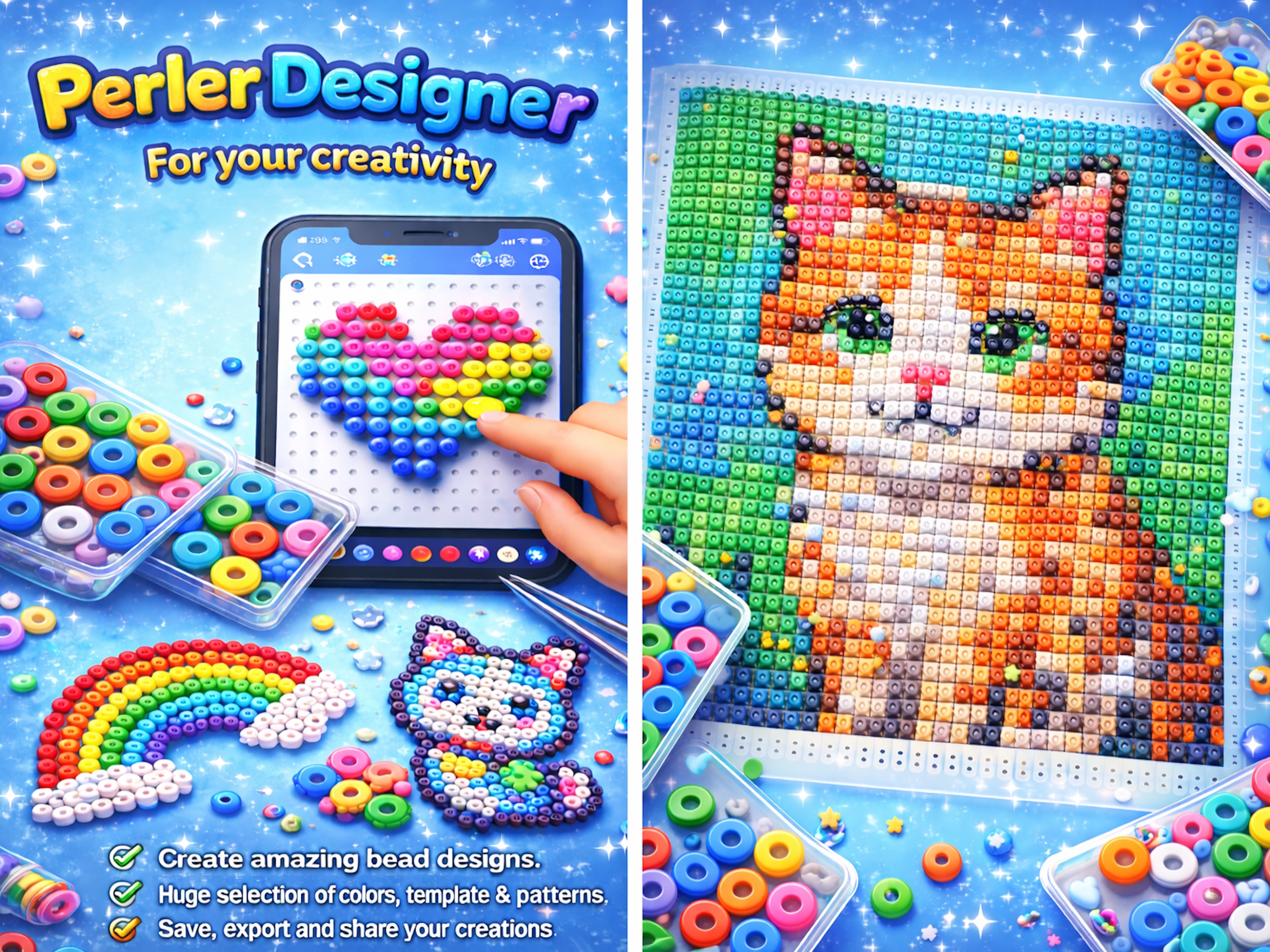 PerlerDesigner promotional artwork with bead mosaics